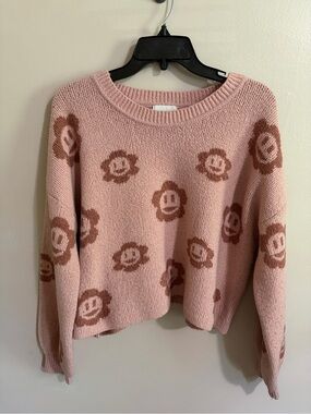 Pink Floral Smiley Cropped Sweater